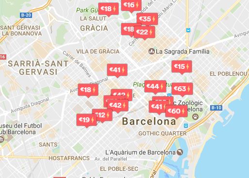 Mapa Barcelony s vyznačením ceny a miesta jednotlivých ponúk